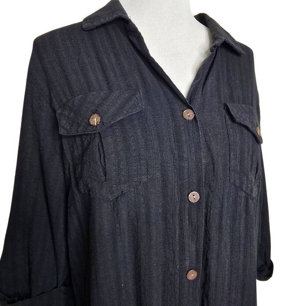 Dotti Black Subtle Stripe Roll Tab Sleeve Button Down Shirt Dress Cover Up M - Picture 4 of 9